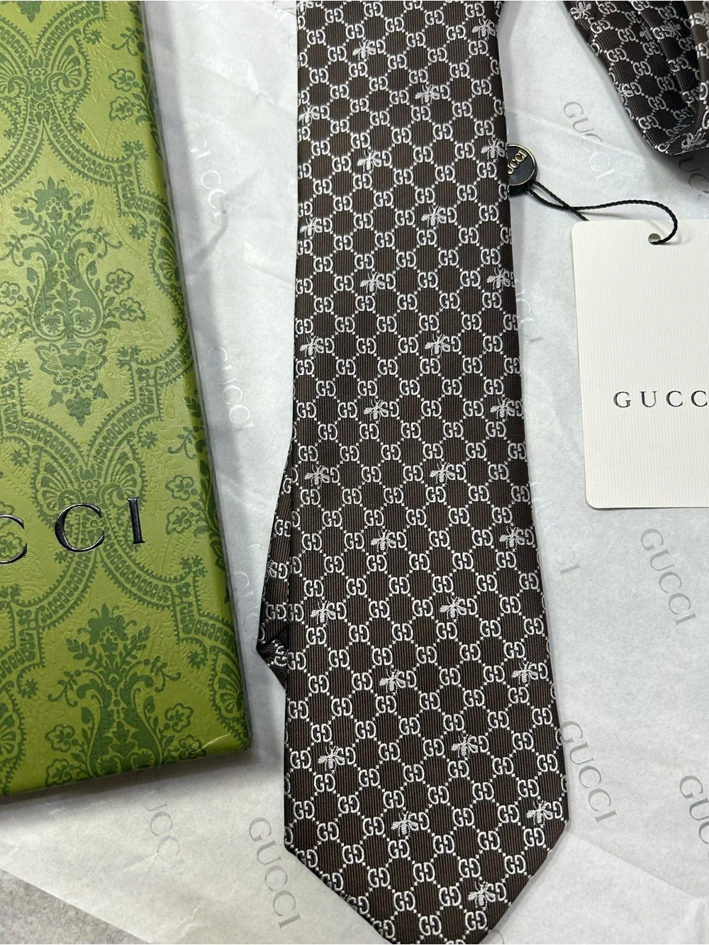 Gucci Brown GG Silk Tie with Ivory Monogram